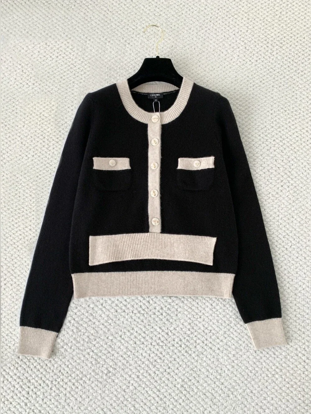 CHANEL Black Cashmere cardigan Sweater with Cream Trim Crewneck